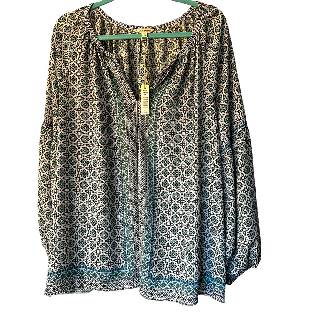 Max Studio Bohemian Boho Blouse Geometric Print Plus Size 2X Long Sleeve Flowy